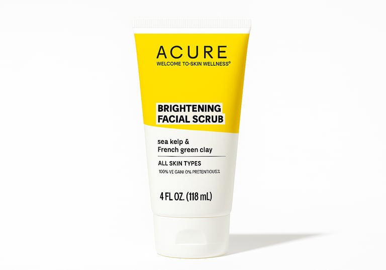 ACURE Brightening Facial Scrub with sea kelp and green clay, clean exfoliating skincare.