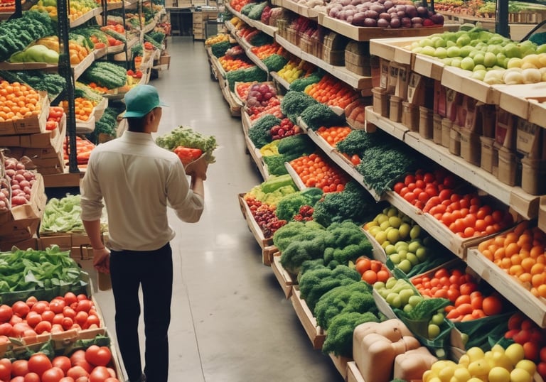 A bustling fruit and vegetable market stall with a variety of fresh produce. Crates filled with tomatoes, cucumbers, and other vegetables are neatly stacked. There are vendors interacting with customers and organizing the produce. A colorful tarp provides shelter, creating a vibrant atmosphere.