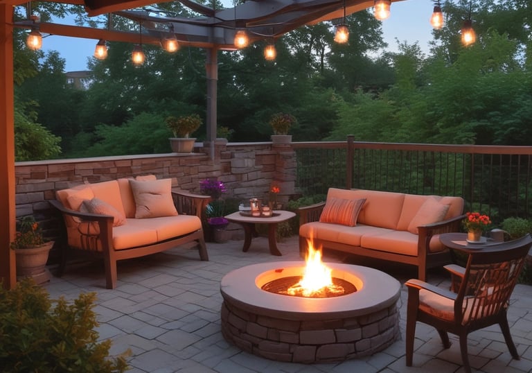 A beautifully designed patio featuring light blue slabs surrounded by greenery.