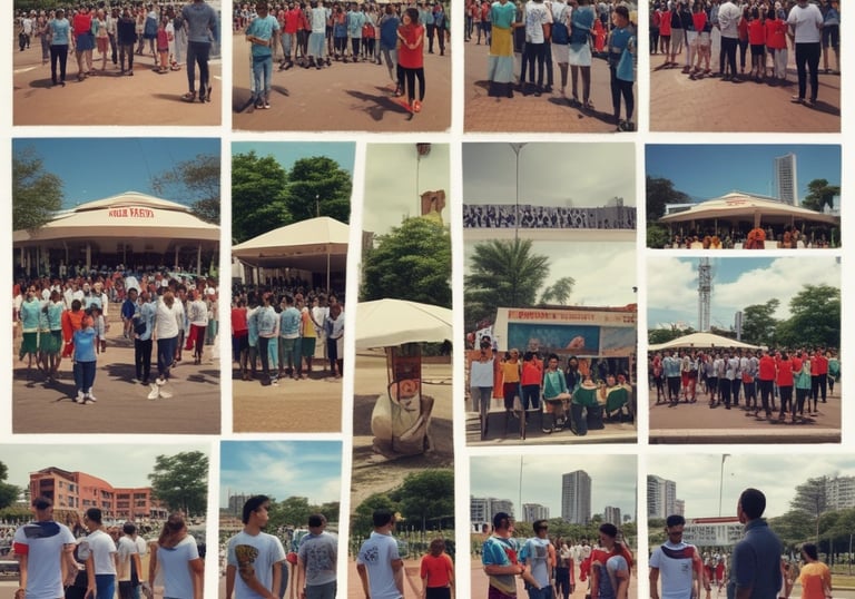 A scenic view of a university campus with students walking.