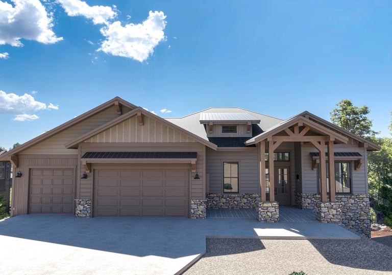 custom home render with three car garage and large driveway