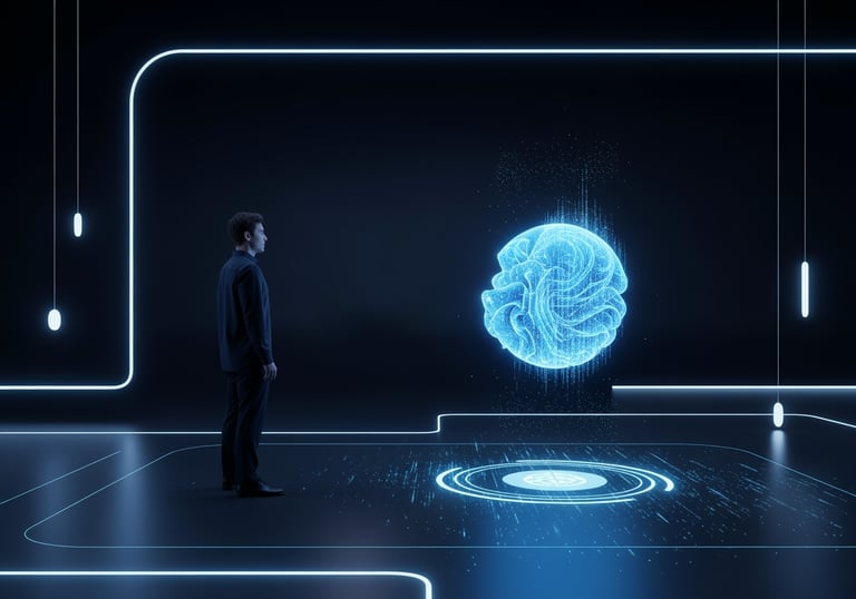 Ein Mann steht in einem Raum und blickt auf einen freischwebende digitale Kugel aus Licht