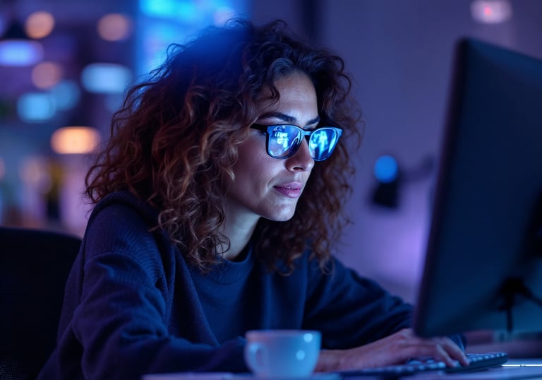 Ein Frau mit Brille schaut in Computer-Bildschirm