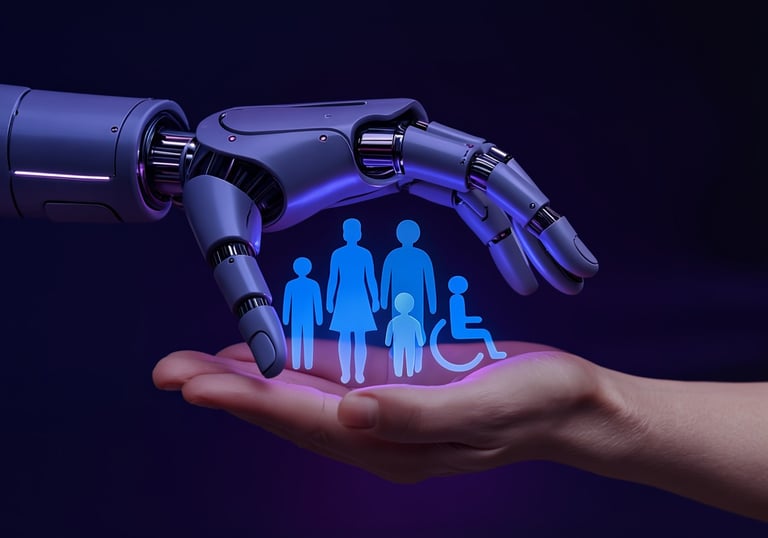 Ein Menschenhand hält Papierausschnittfiguren, eine Roboterhand hält schützen drüber