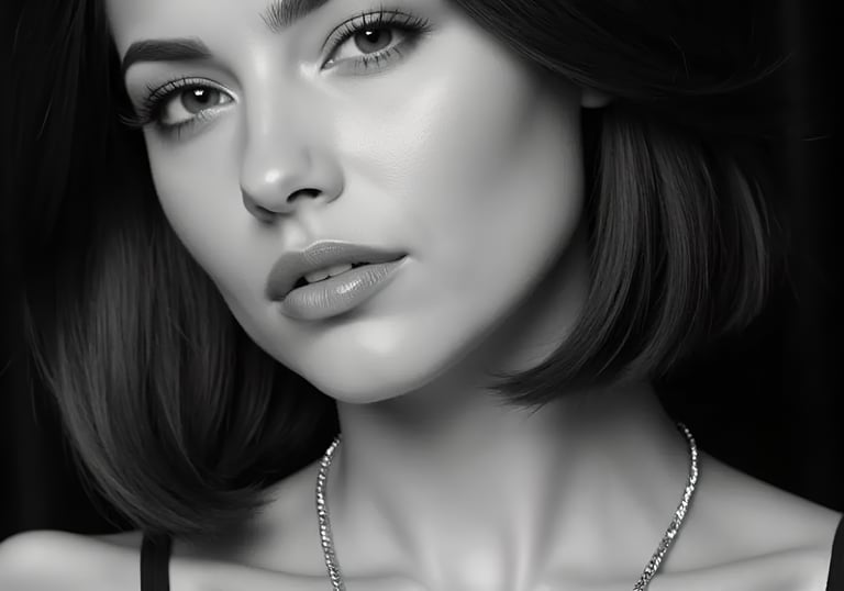 Close-up black-and-white portrait of Vivienne Vale with soft waves, matte lips, and a subtle chain n
