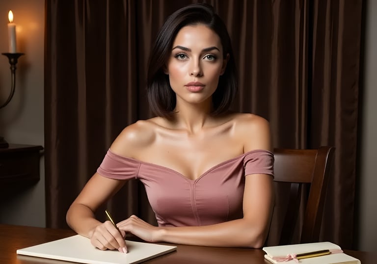 Vivienne Vale sits at a candlelit desk in a mauve dress, pen in hand, poised in an intimate writing 