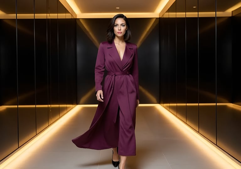 Viv in a plum silk trench walking confidently through a dark hallway with golden ambient lighting.