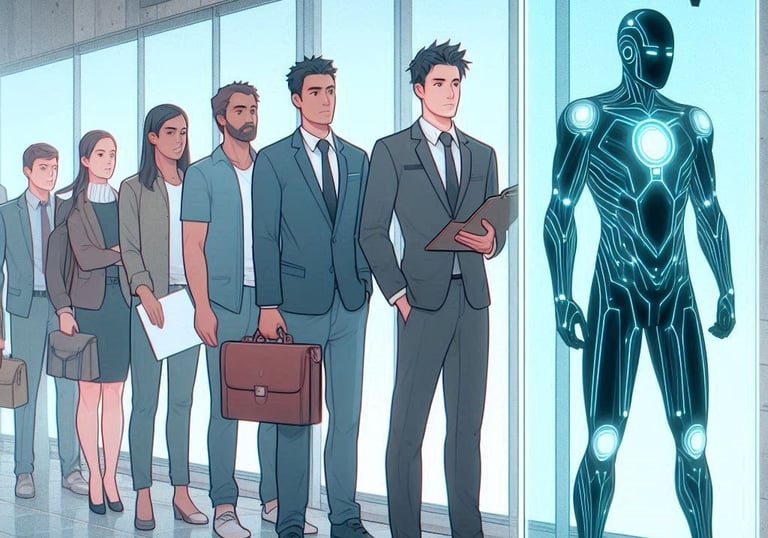 Una fila de personas esperando para entregar su CV; el primero de la fila es un robot que ha potenciado su CV con IA.