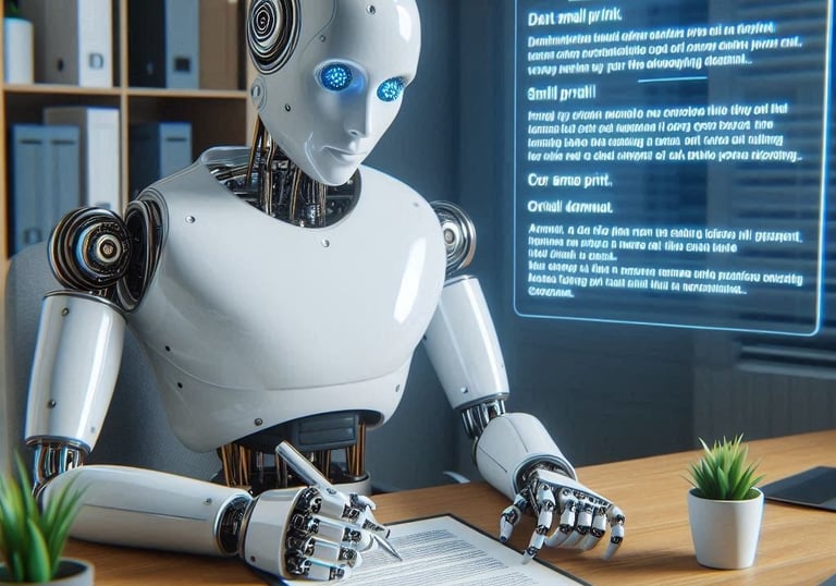 Un robot humanoide firmando un contrato en una oficina,  muy seguro de lo que está haciendo.