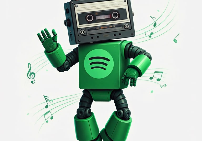 Robot humanoide bailongo cuya cabeza es una cassete retro. El cuerpo del robot es el logotipo de Spotify.