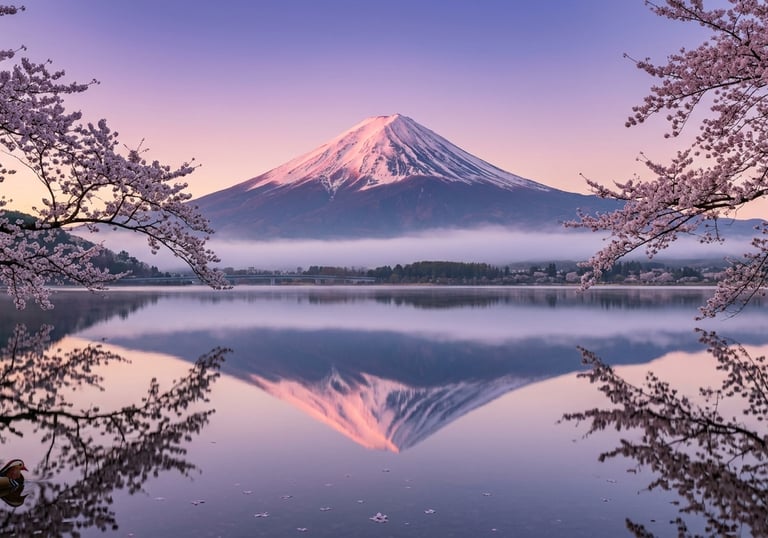Monte Fuji con cerezo en flor — el amanecer del 1 de abril