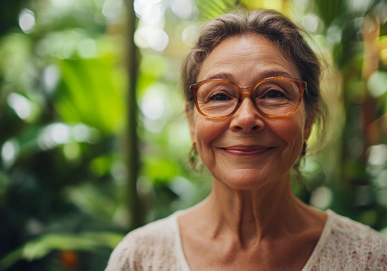 Mujer mayor sonriendo con lentes, aretes largos y un fondo tropical 