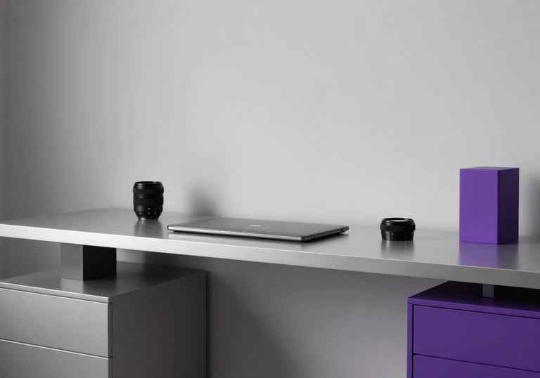 A minimalist and high-end workspace in a North American / US creative studio, featuring soft silver surfaces and royal purple decor details.