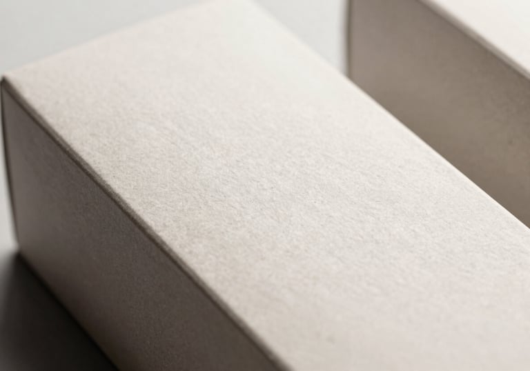 Macro photography of high-quality retail packaging, clean and sharp focus, professional studio lighting, palette of soft greys and off-white.