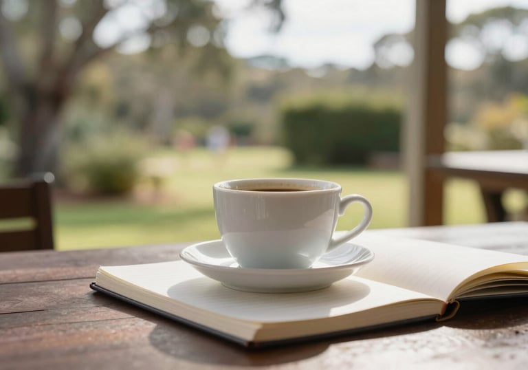 A soft-focus shot of a simple coffee cup and a journal on a sunlit veranda overlooking an Australian garden.