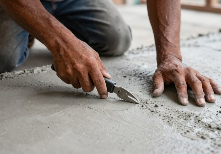Close-up of a worker's hands using professional tools to finish a smooth concrete surface, South American / Peruvian context, high-end construction finish.