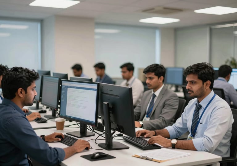 A high-tech office interior in Bangalore showing modern workstations with multiple monitors and South Asian / Indian employees in professional attire, focus on efficiency.