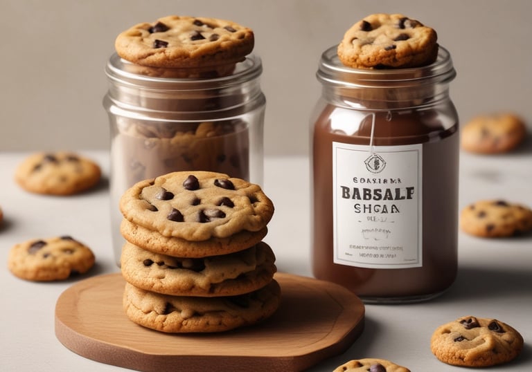 A box containing several chocolate chip cookies, partially surrounded by green leaves. The cookies are golden-brown with visible dark chocolate chips and are placed on a sheet of paper inside the box.