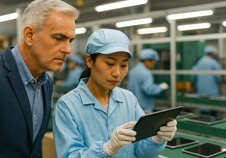 Técnica asiática inspeccionando una tablet en una línea de producción moderna, bajo supervisión internacional, representando