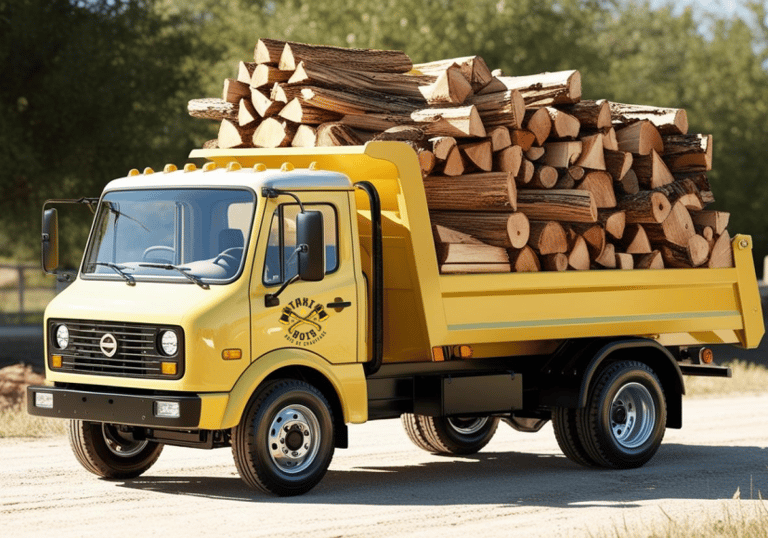 un camion jaune transporte du bois local france a son client