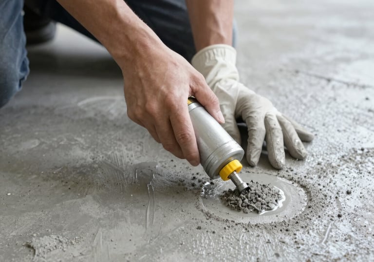 Close-up of a technician smoothing out a cracked subfloor with repair tools.