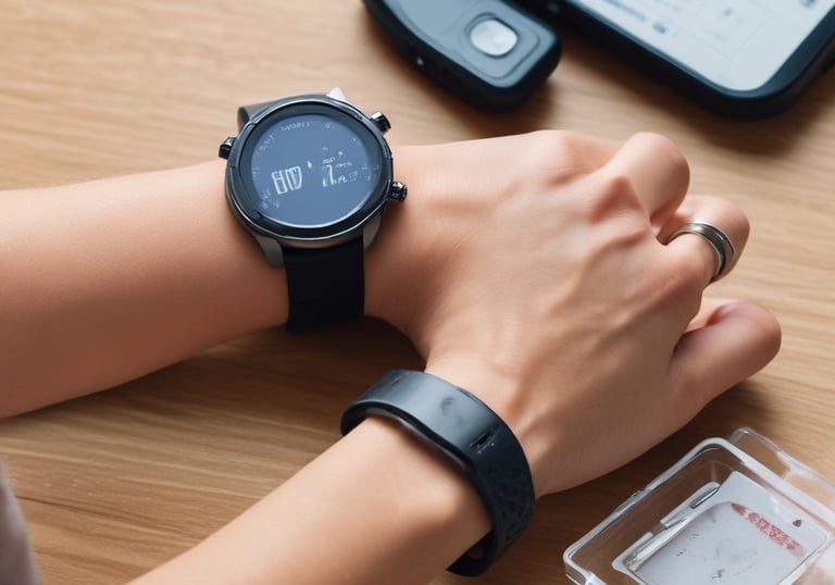 A person uses a small medical device, likely a blood glucose monitor, on their fingertip. The background includes a wooden table with two biscotti and a cup of coffee. The person is wearing a grey jacket and appears to be performing a health-related task.