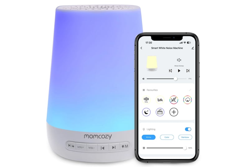 Fall asleep peacefully with 34 soothing sounds, night light, and app control