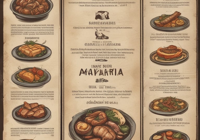 A rustic paper menu from a restaurant called Barra Chalaca, featuring a variety of dishes with prices. The menu is divided into sections like 'De La Barra', 'De La Cocina', and 'Sánguches', each with a list of items. Side notes on the left indicate opening hours and location. The background includes a simple map sketch, and a bowl with red sauce is visible at the top left corner.