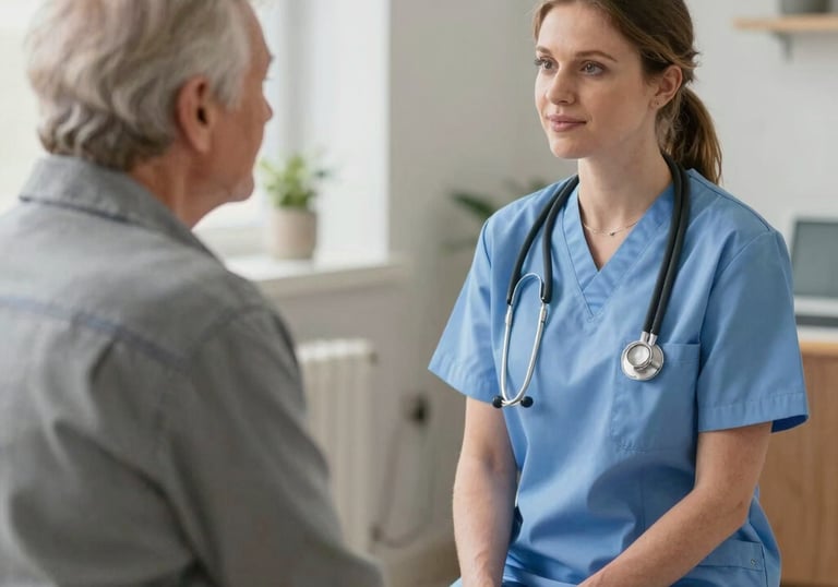 A caring clinician gently guiding an elderly patient through a cognitive test.