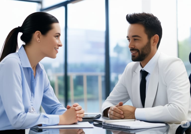 Dos personas conversando alrededor de un escritorio