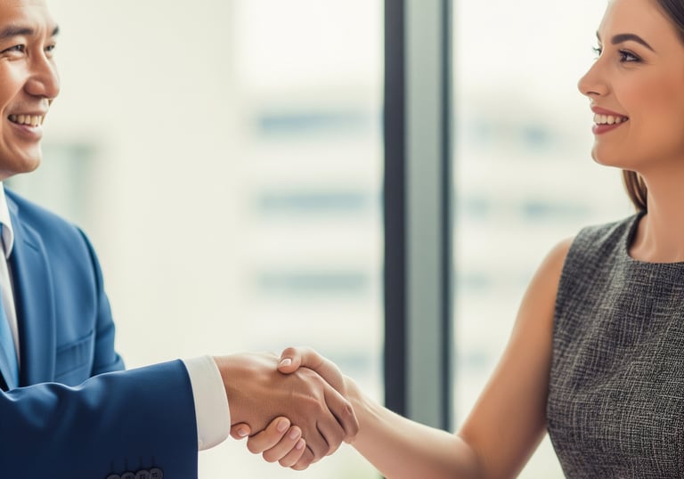 Un hombre y una mujer cerrando un trato a través de un apretón de manos