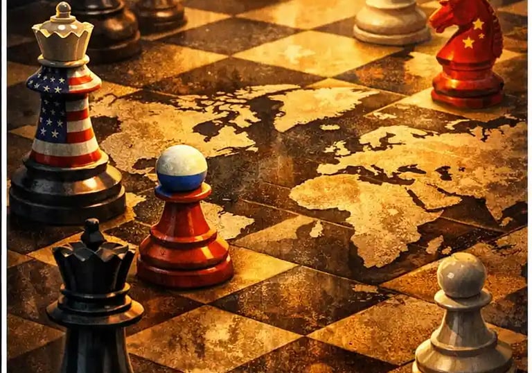 World map as chessboard symbolizing geopolitical strategy and global power competition