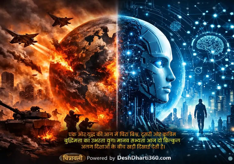 Conceptual illustration showing global conflict and artificial intelligence shaping the future of humanity