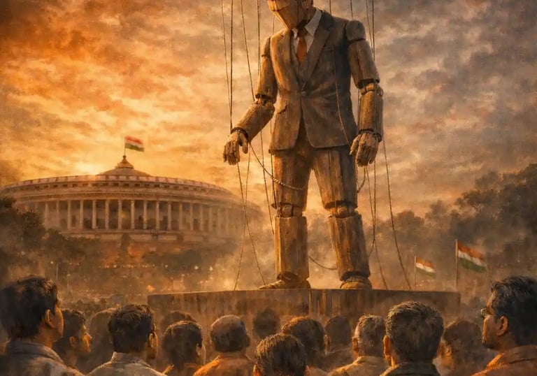 Indian democracy puppet concept showing foreign control over political leadership with citizens watching near parliament