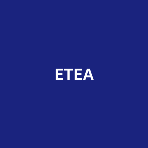 a blue and white logo with the word etea
