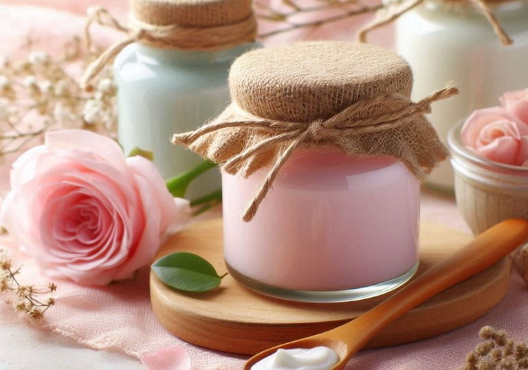 a table with jars of candles and flowers