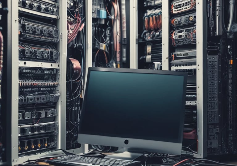Telecommunication towers surrounded by lush greenery with a clear blue sky and scattered clouds above. A small blue building with a red roof is visible on the left side, partly obscured by trees.