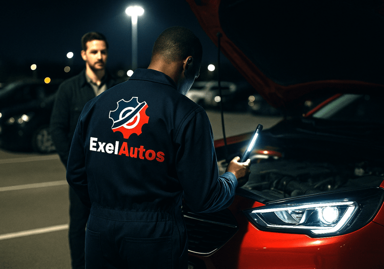 Mécanicien ExelAutos de nuit inspectant une panne de voiture avec lampe torche en Île-de-France