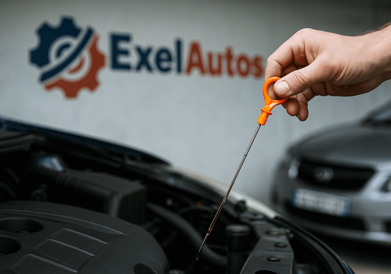 Prise de mesure du niveau d’huile moteur dans un garage auto ExelAutos