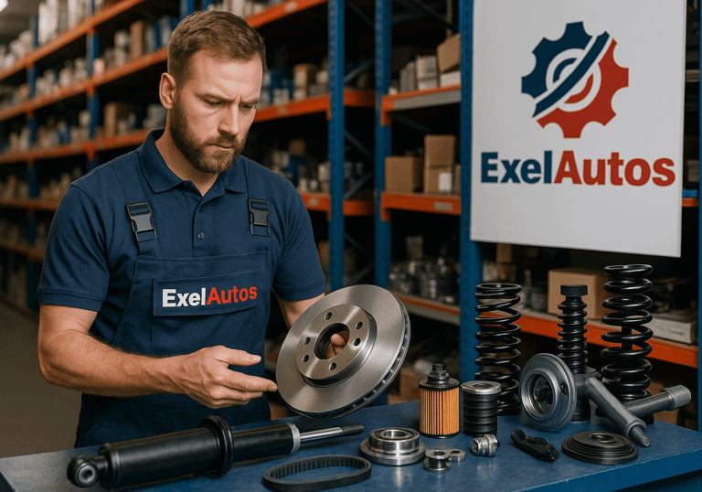 Technicien ExelAutos examinant une plaquette de frein neuve dans le stock de pièces détachées