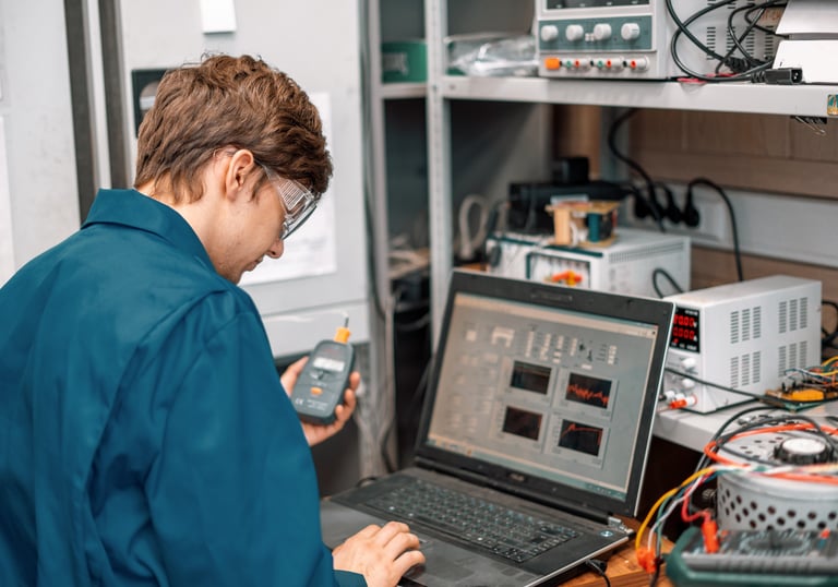 A man standing in front of a computer doing Sound Attenuation Field Testing