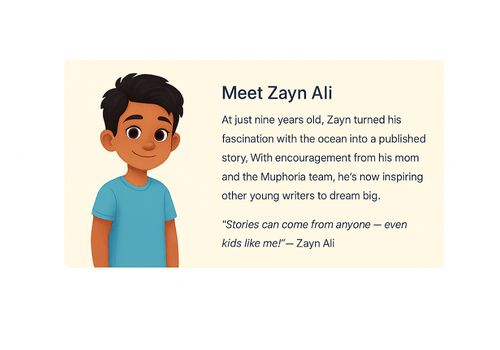 Zayn Ali, young author of Megalodon. The Monster Shark! smiling with his book