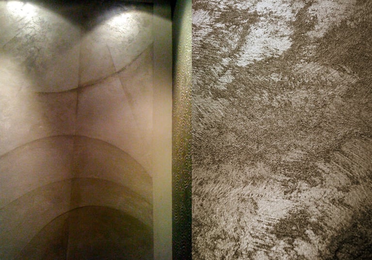 Two images depicting a luxurious grainy silver paint finish