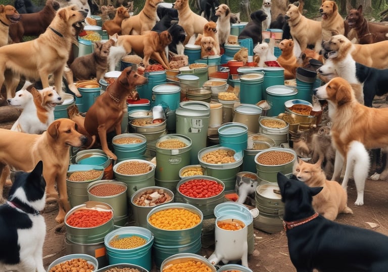 a large group of dogs and cats enjoying their meals