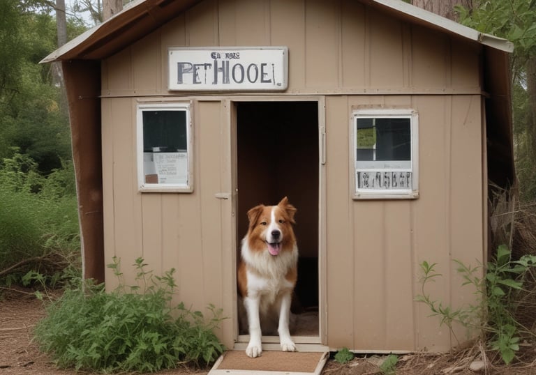 a dog house with a dog sitting in the middle of the house