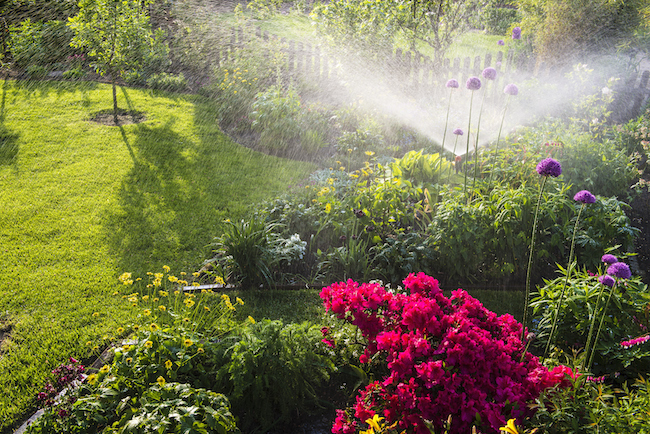 a garden with flowers and a sprinkler