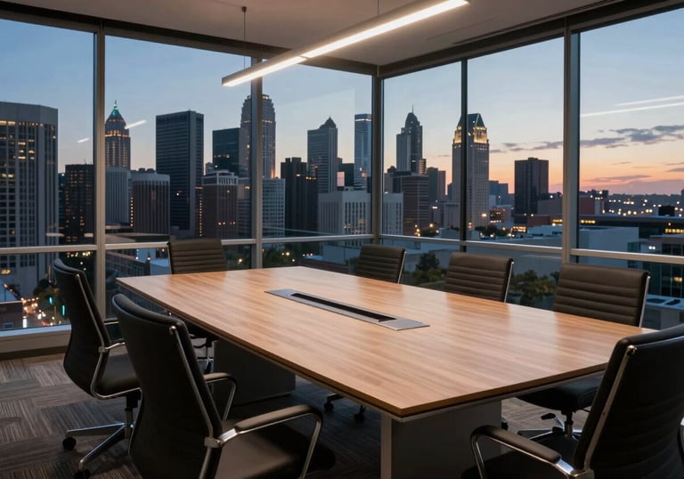 A high-angle view of a modern board room with a large table and ergonomic chairs, overlooking a North American city skyline at dusk.