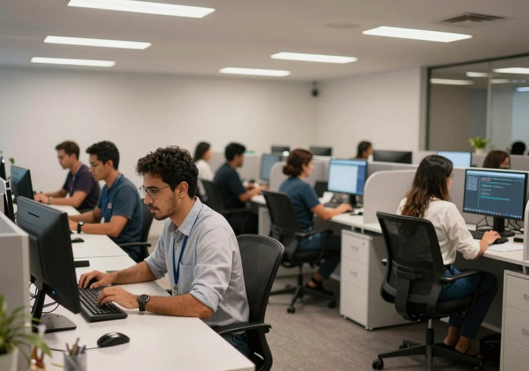 Wide shot of a modern, open-plan call center in Brazil, South American / Brazilian staff working efficiently at clean white workstations, professional atmosphere.