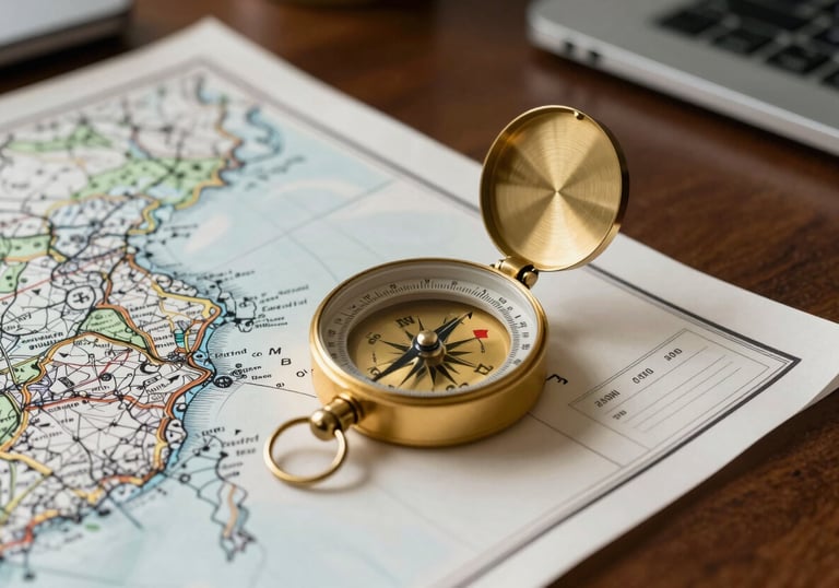 Close-up photography of a gold-detailed compass and trade maps on a dark wood executive desk in a professional South Asian office.