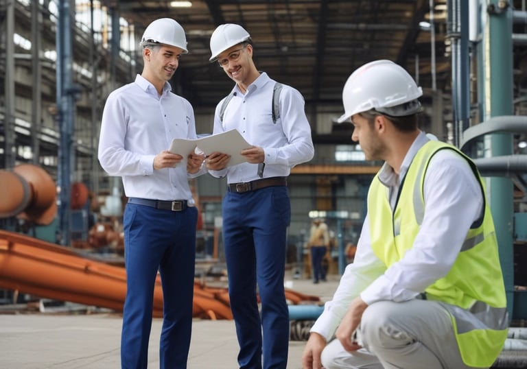 Close-up of hands exchanging industrial parts and documents.